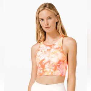 Lululemon Energy Bra High Neck Long Line Size 4 Orange White Tie Dye Grapefruit